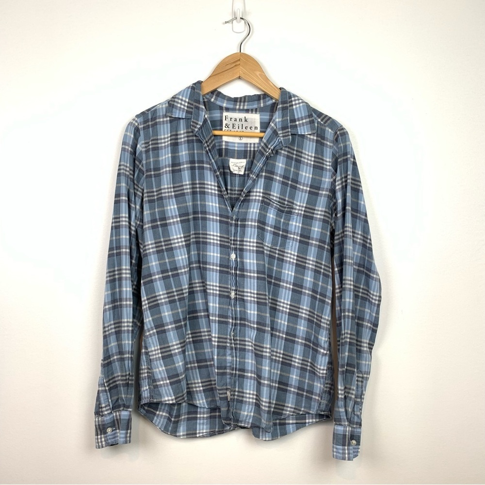 Frank & Eileen Blouse Barry Shirt Button Up Sz Large Plaid Blue Gray Checkered